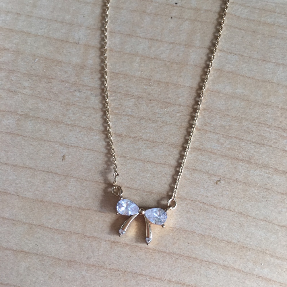Bow necklace jewelry gift girly glam crystal stone gem simple charm princess
